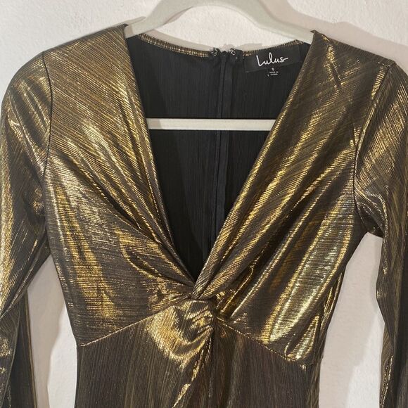 NWOT Lulus Night Shine Gold Long Sleeve Knotted Bodycon Dress - Picture 7 of 13